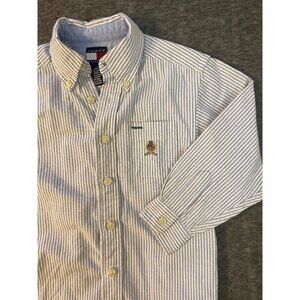 Tommy Hilfiger Boys Button Shirt Vintage Size 4 Blue Striped Oxford Crest Y2K 00